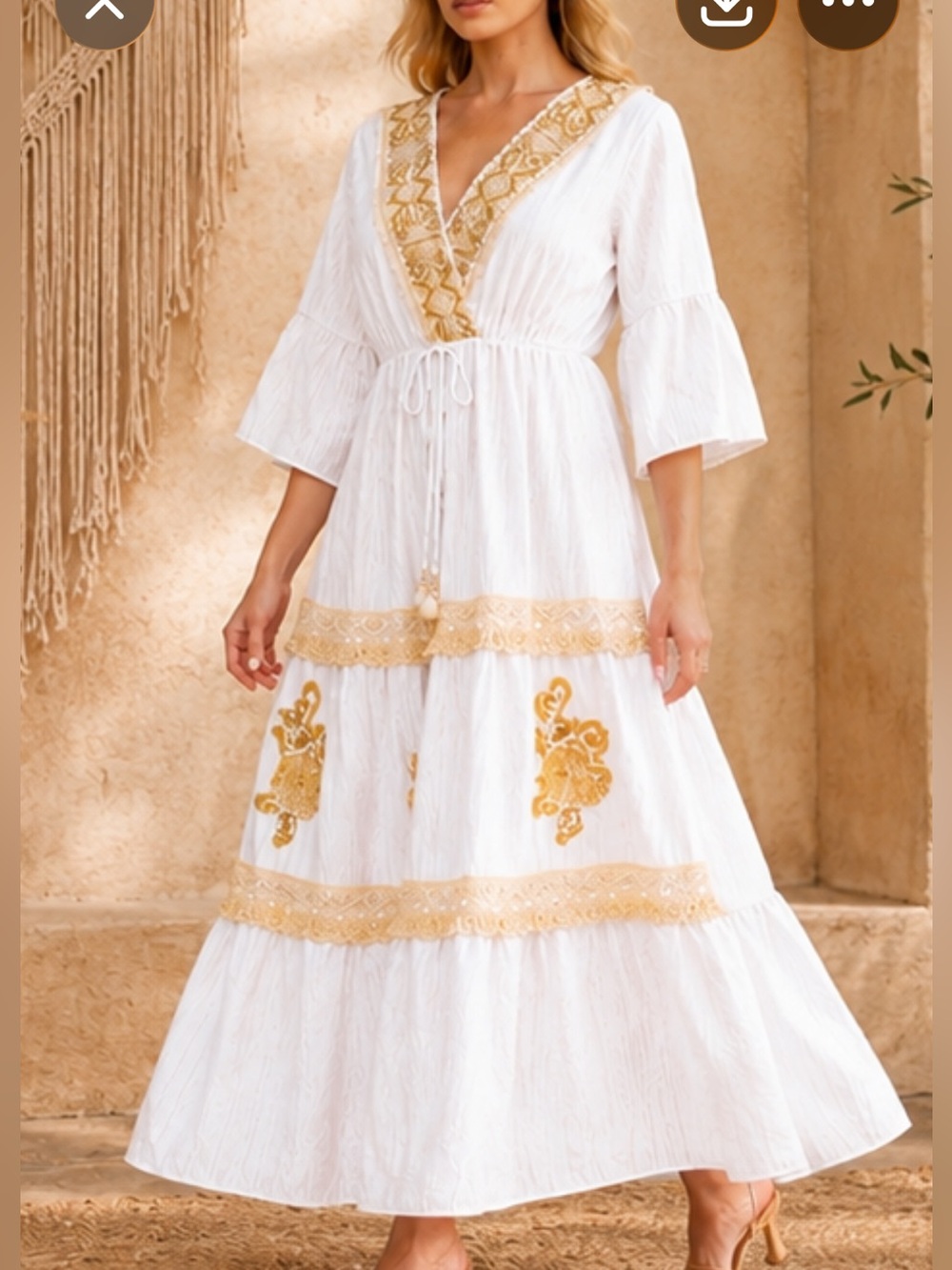 D134 - Boho Cotton Sequin Crochet Embellished 3/4 Sleeve Maxi Dress - Picture 1 of 4